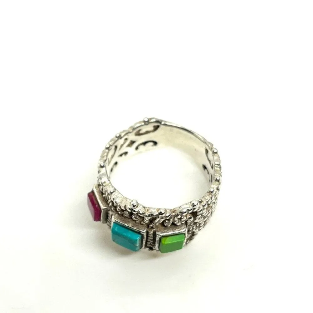 STERLING SILVER RING Multi Stone Inlay Wide Band Statement Boho Sz 8